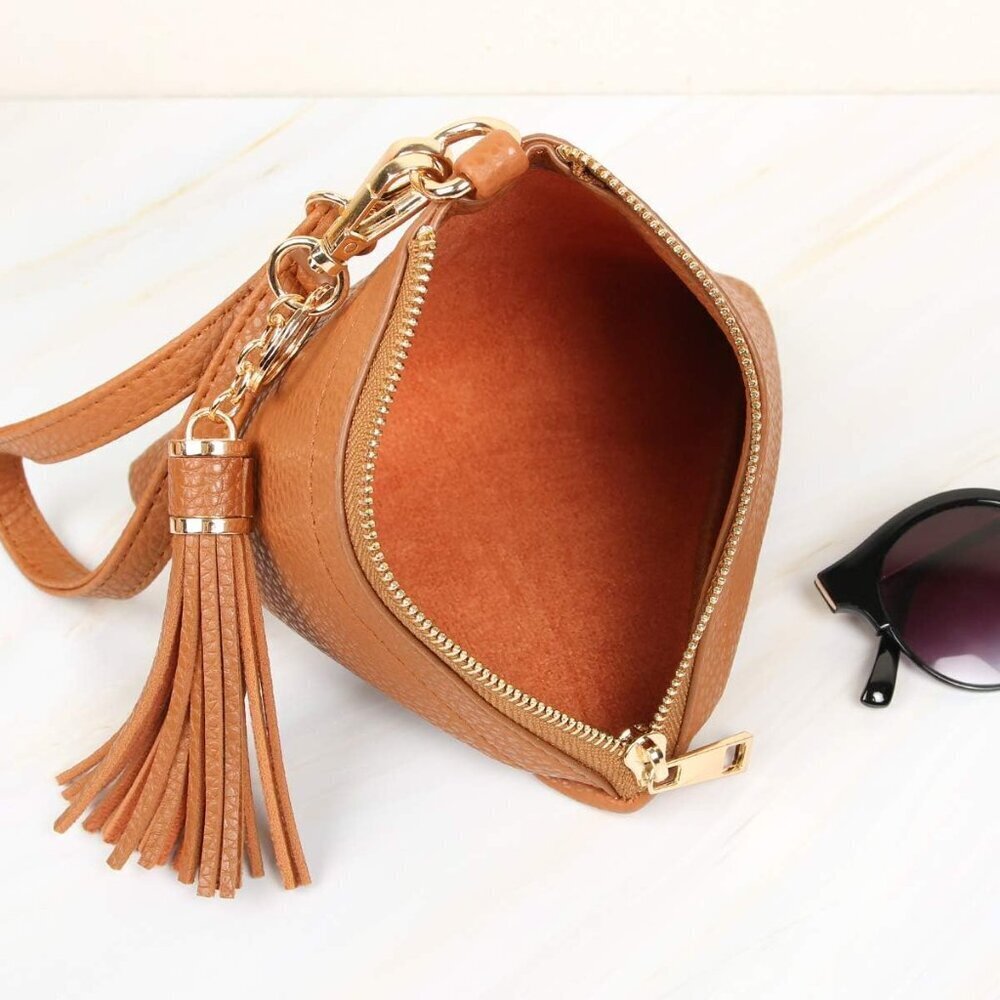 Triangle Vegan Leather Wristlet Clutch Pink Detachable Strap Tassel - Picture 5 of 6
